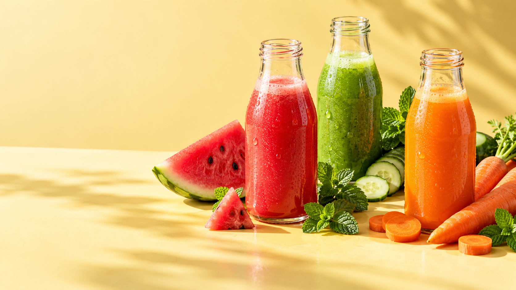 Fresh cold-pressed watermelon, cucumber-mint and carrot juices